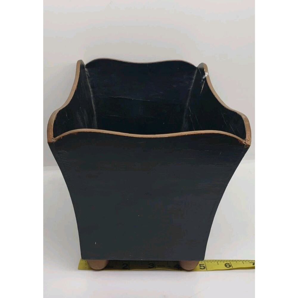 Vintage Toleware Hand Painted Roses Black Jardiniere Cache Pot Decor Vanity - Picture 11 of 12